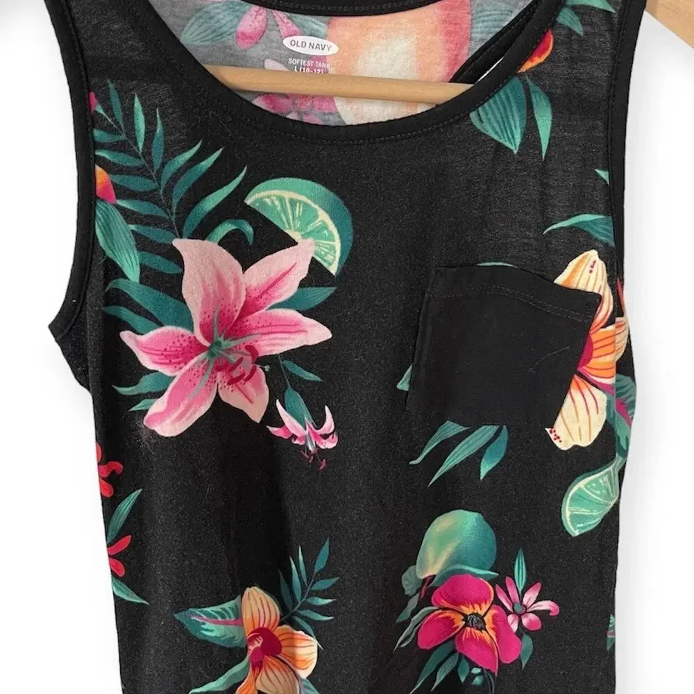 Girls L 10-12 Old Navy Bright Tropical Floral Black Sleeveless Softest Tank Top